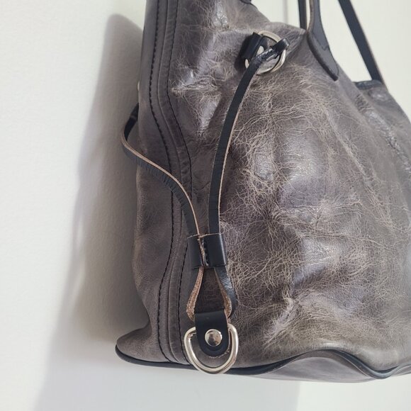 FreeBird Mara Distressed Gray Leather Marbled Large Travel Tote Shoulder Bag - Picture 3 of 8